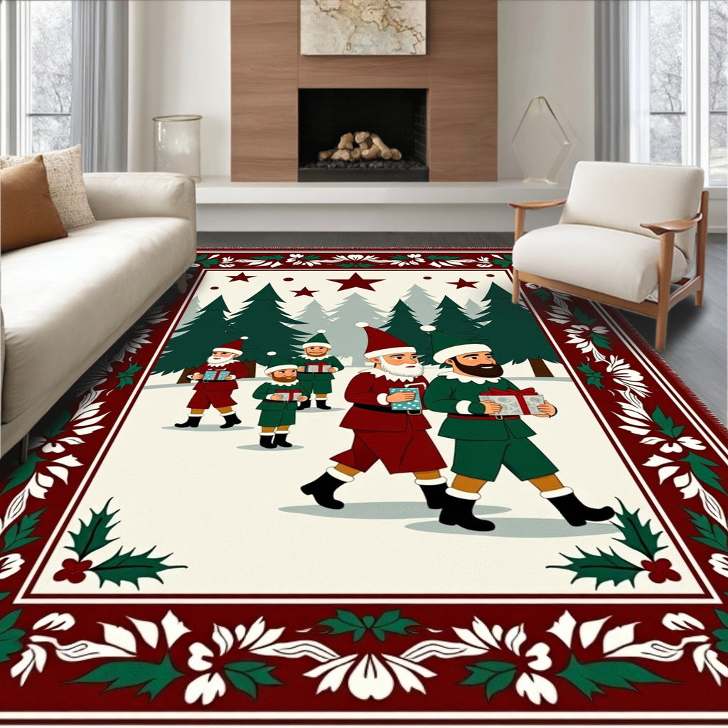 Festive Red Elves Winter Forest Gifts Rug