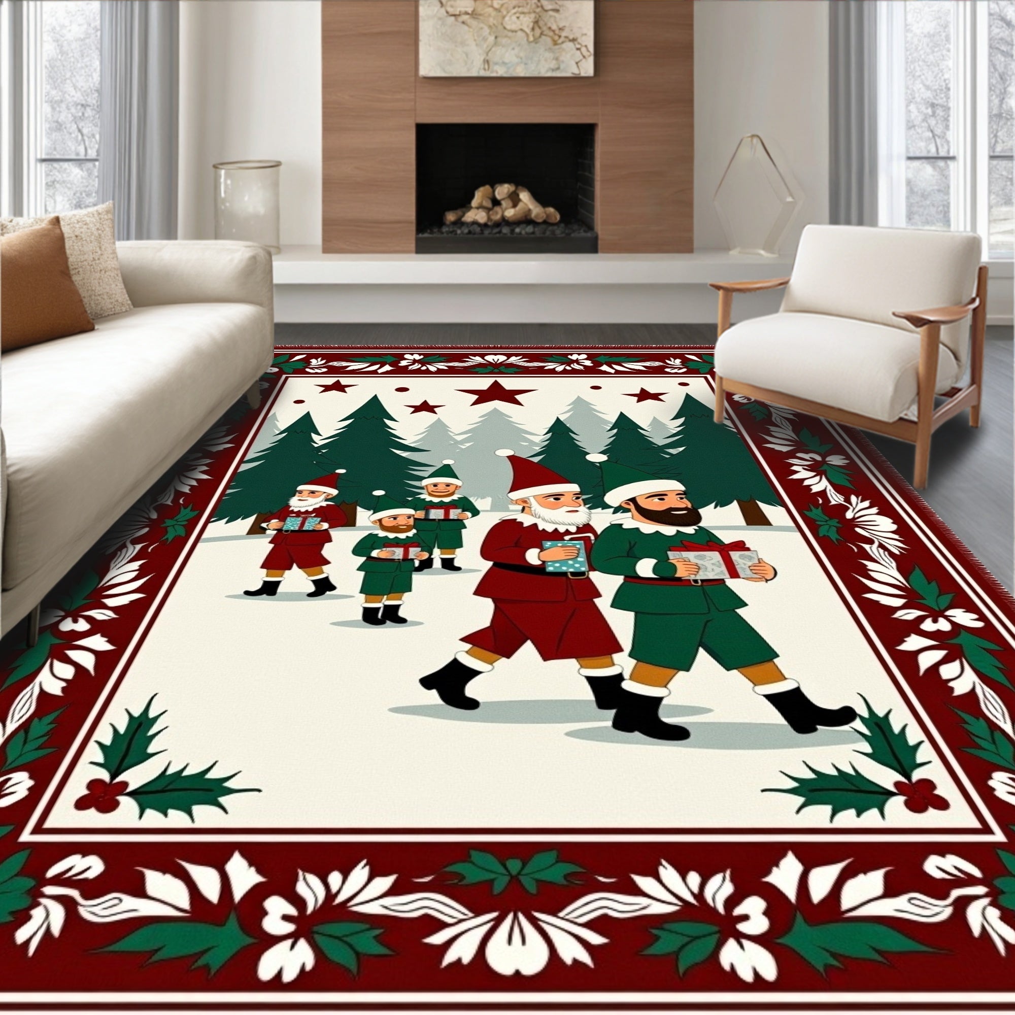 Festive Red Elves Winter Forest Gifts Rug