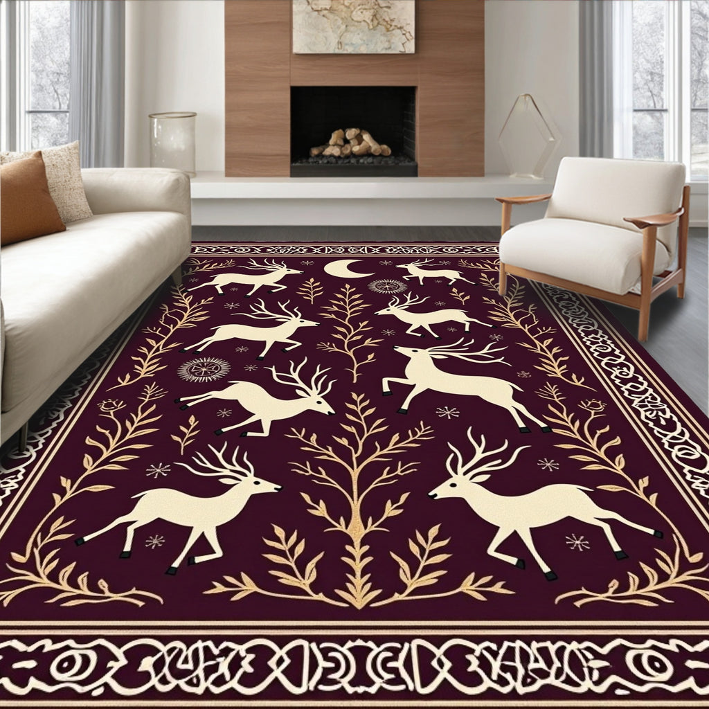 Burgundy Moonlit Deer Meadow Rug