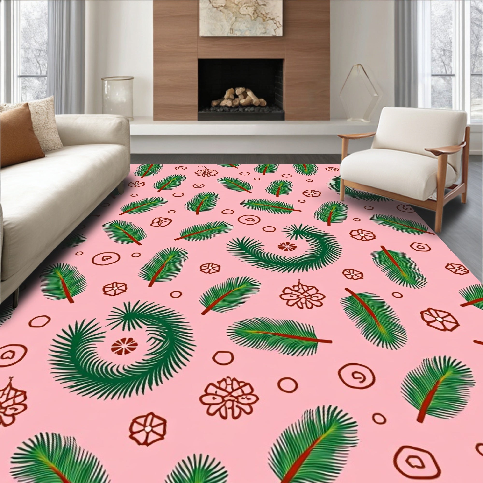 Green Pine Sprigs with Red Accents Rug