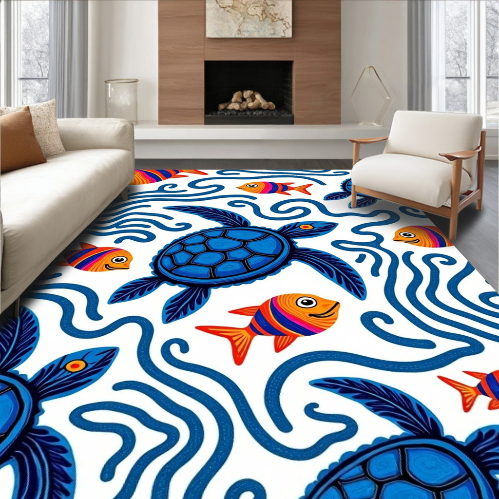 Blue Turtles Orange Striped Fish Rug