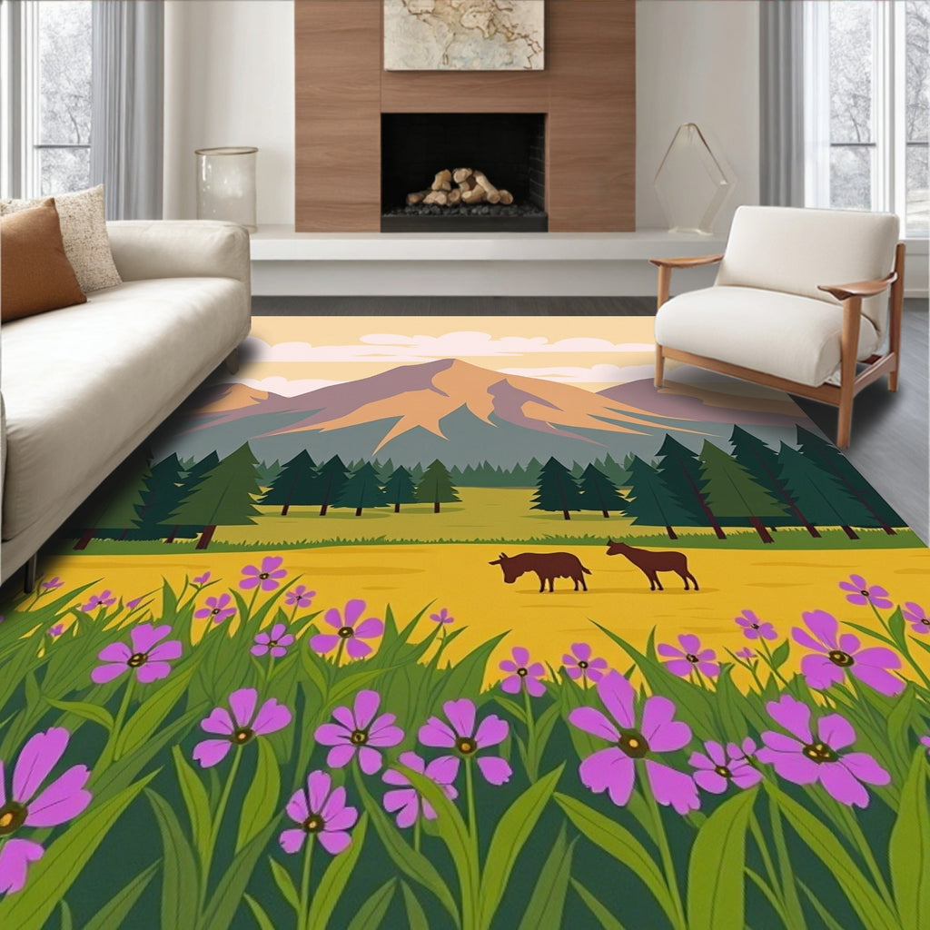 Purple Wildflower Meadow Mountain Scene Rug