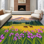 Purple Wildflower Meadow Mountain Scene Rug