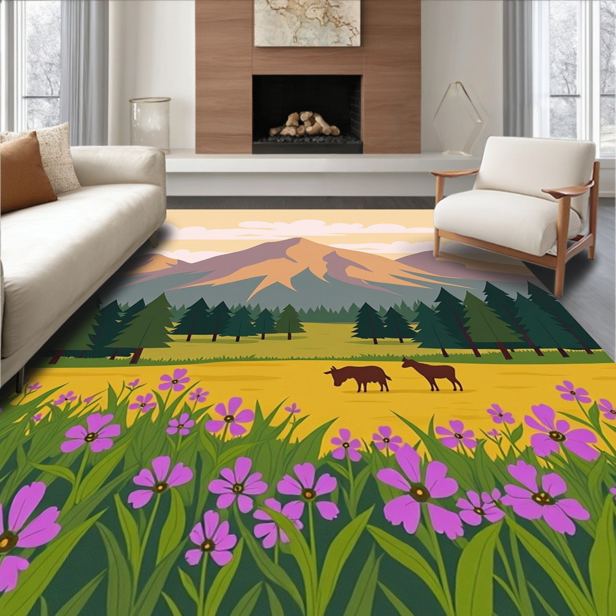 Purple Wildflower Meadow Mountain Scene Rug