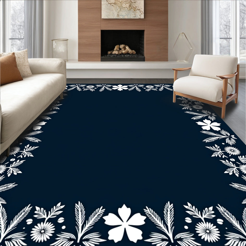 White Floral Leaf Border on Navy Rug