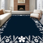 White Floral Leaf Border on Navy Rug