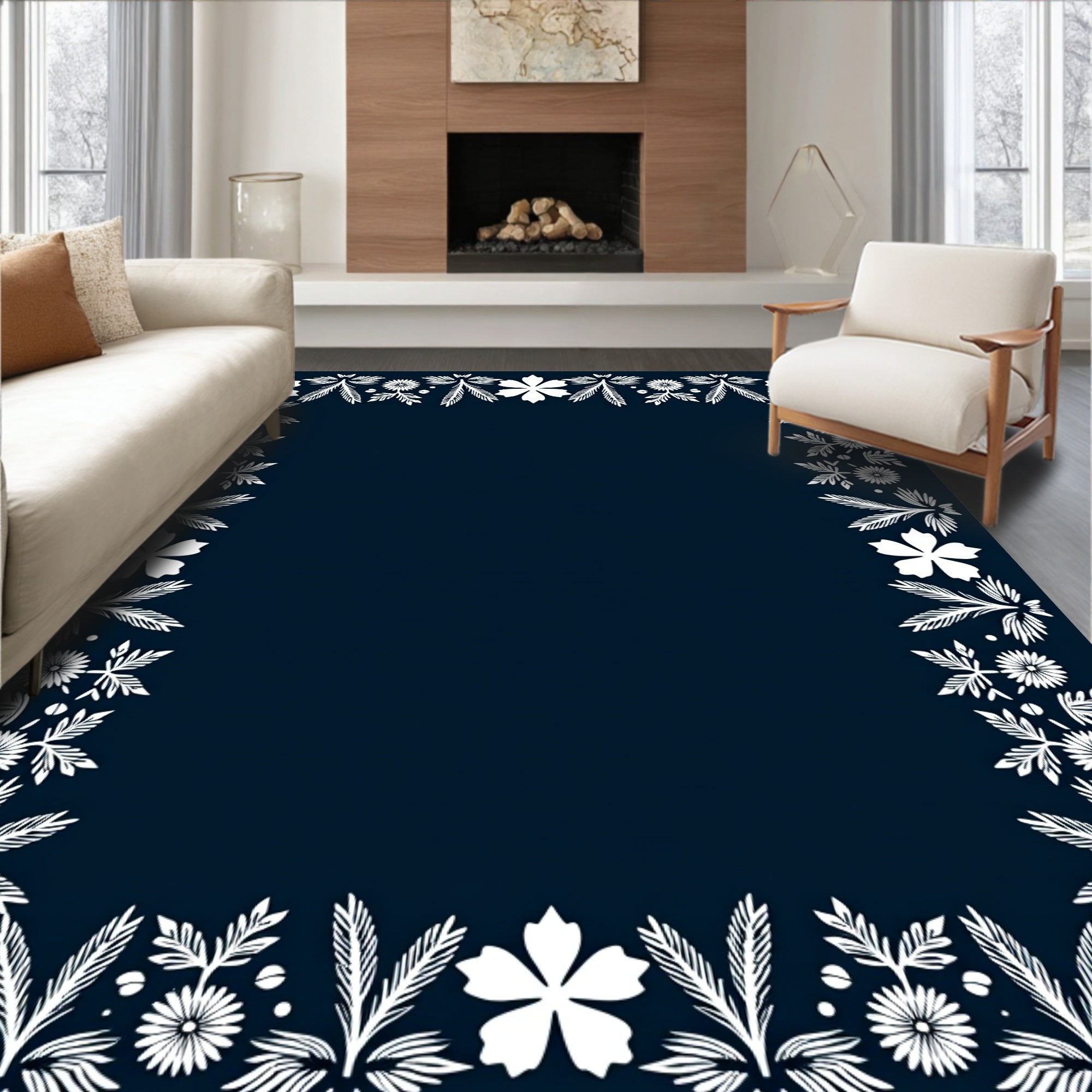 White Floral Leaf Border on Navy Rug