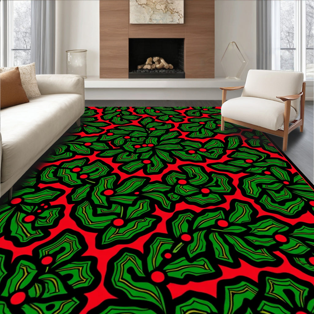 Bold Red Green Leaf Berry Collage Rug