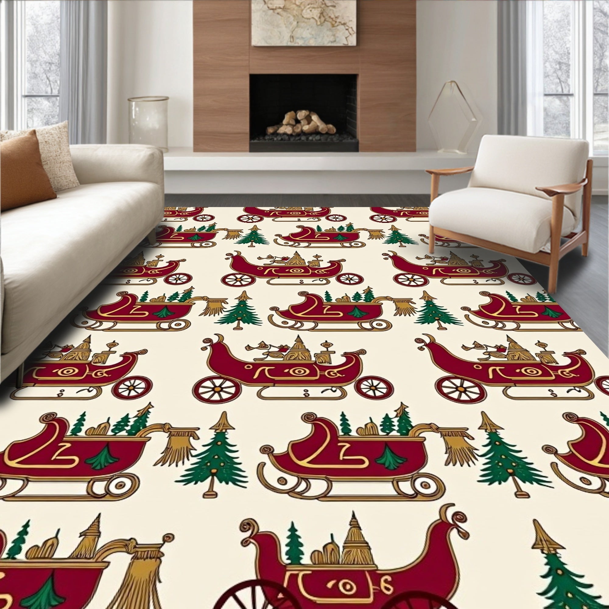 Crimson Sleigh Meadow Trees Garland Rug