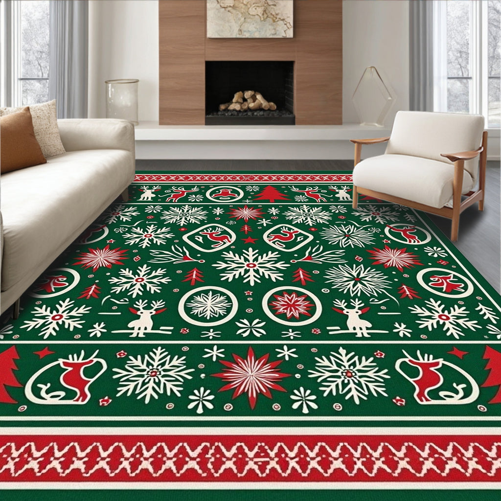 Festive Green Woodland Christmas Scene Rug
