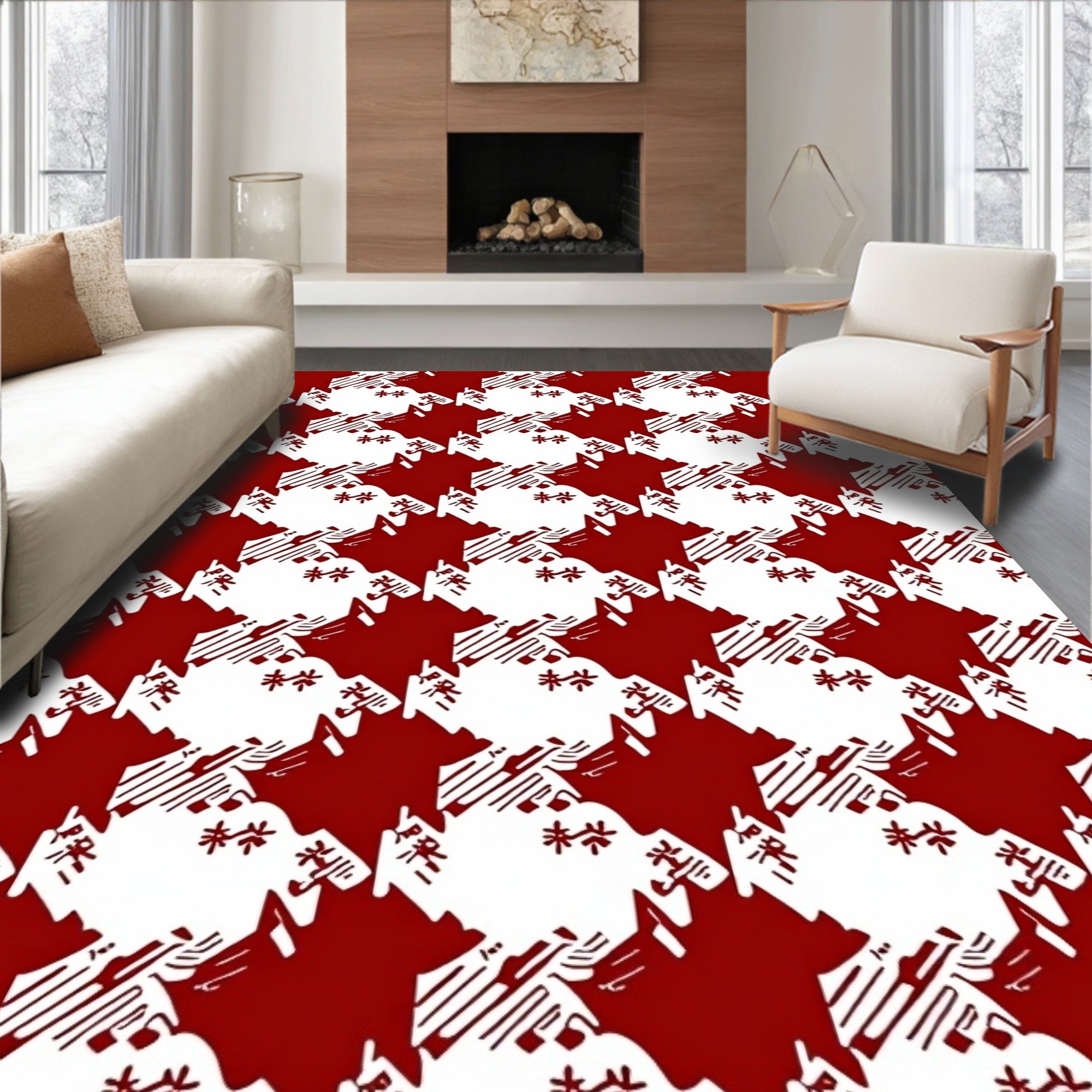 Classic Red Houndstooth Stars Rug