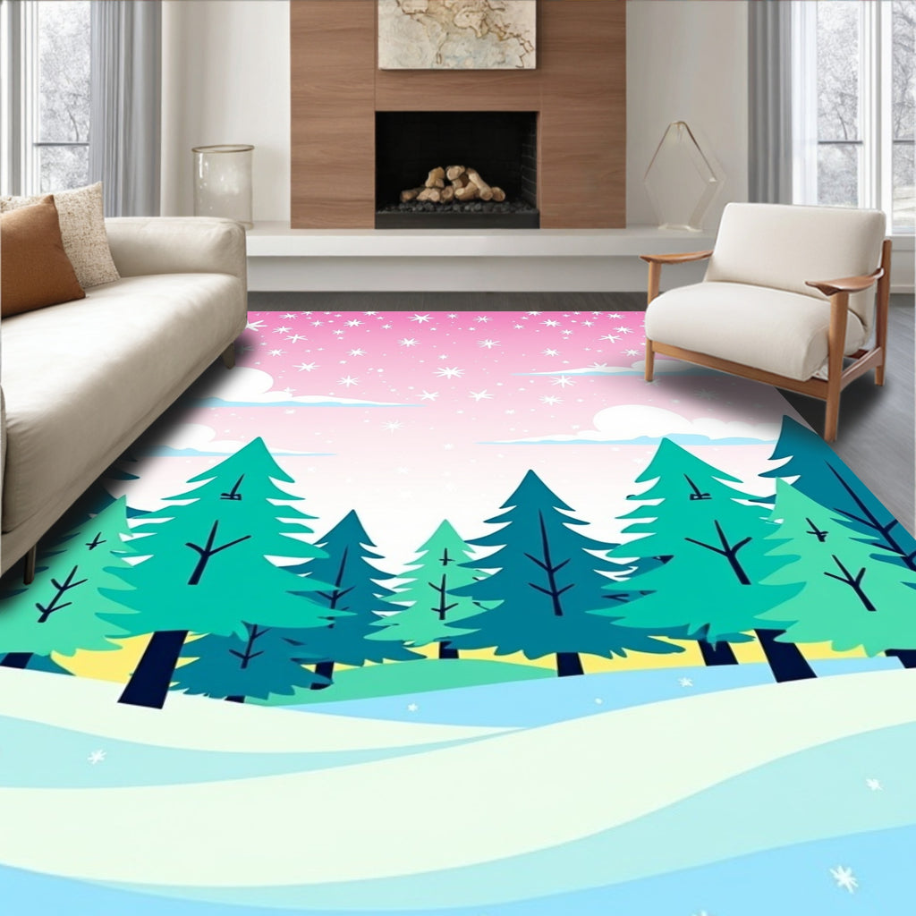 Pastel Pink Snowfall Forest Scene Rug