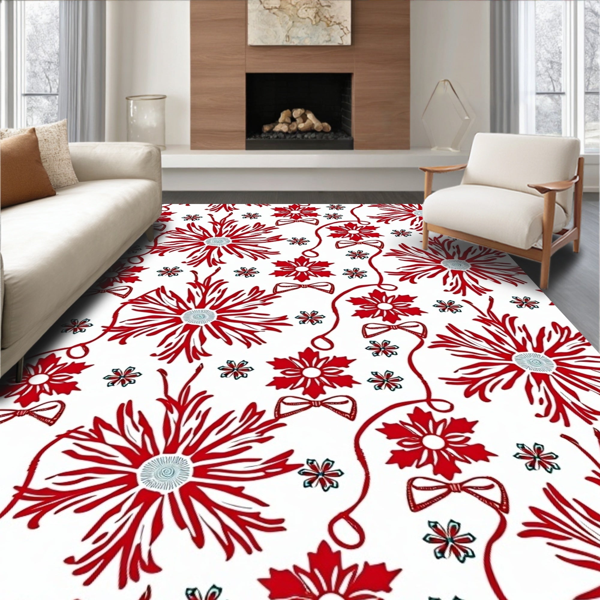 Red Floral Ribbon Bow Medallion Rug