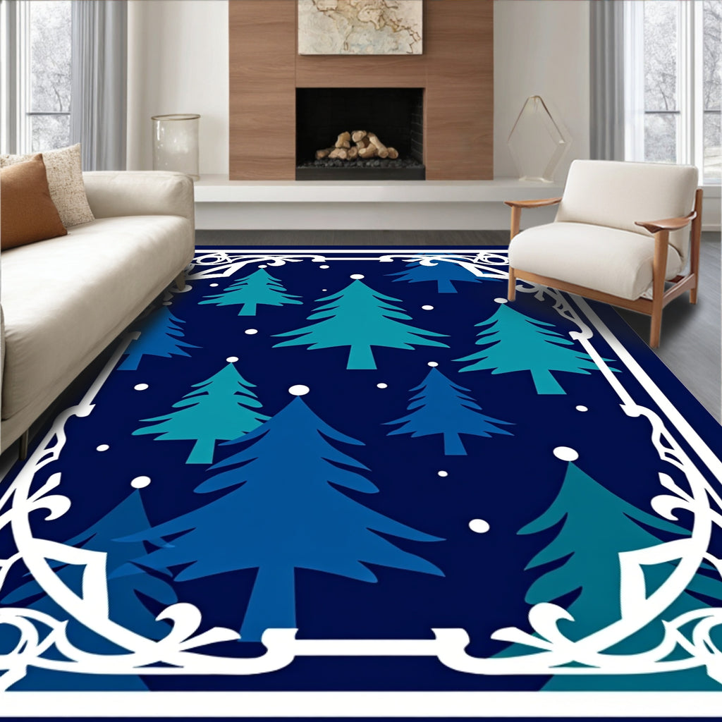 Winter Forest Teal Blue Trees Rug