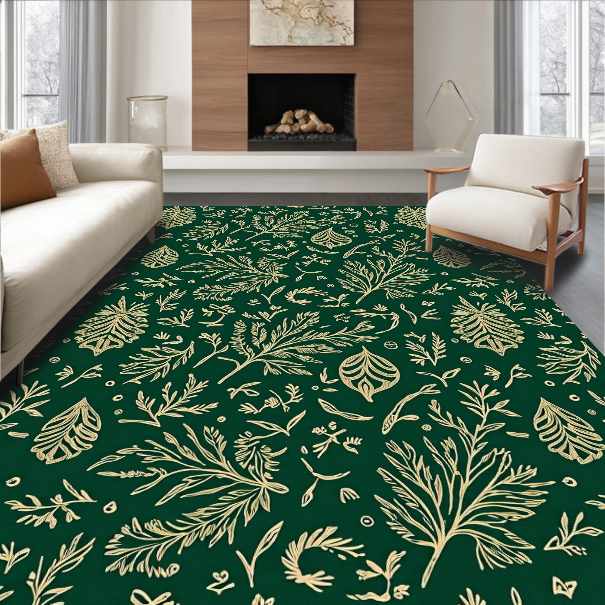 Elegant Emerald Green Botanical Branch Rug