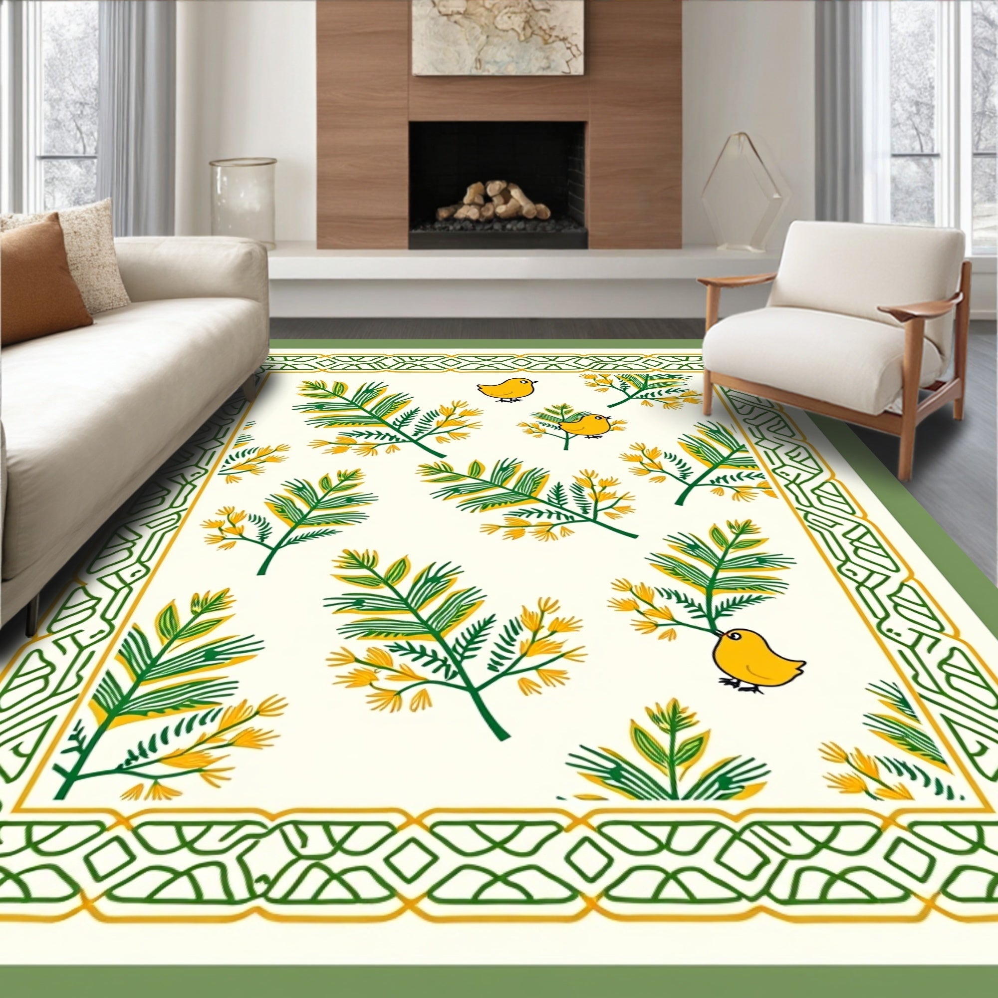 Yellow Chickadee Fern Border Rug