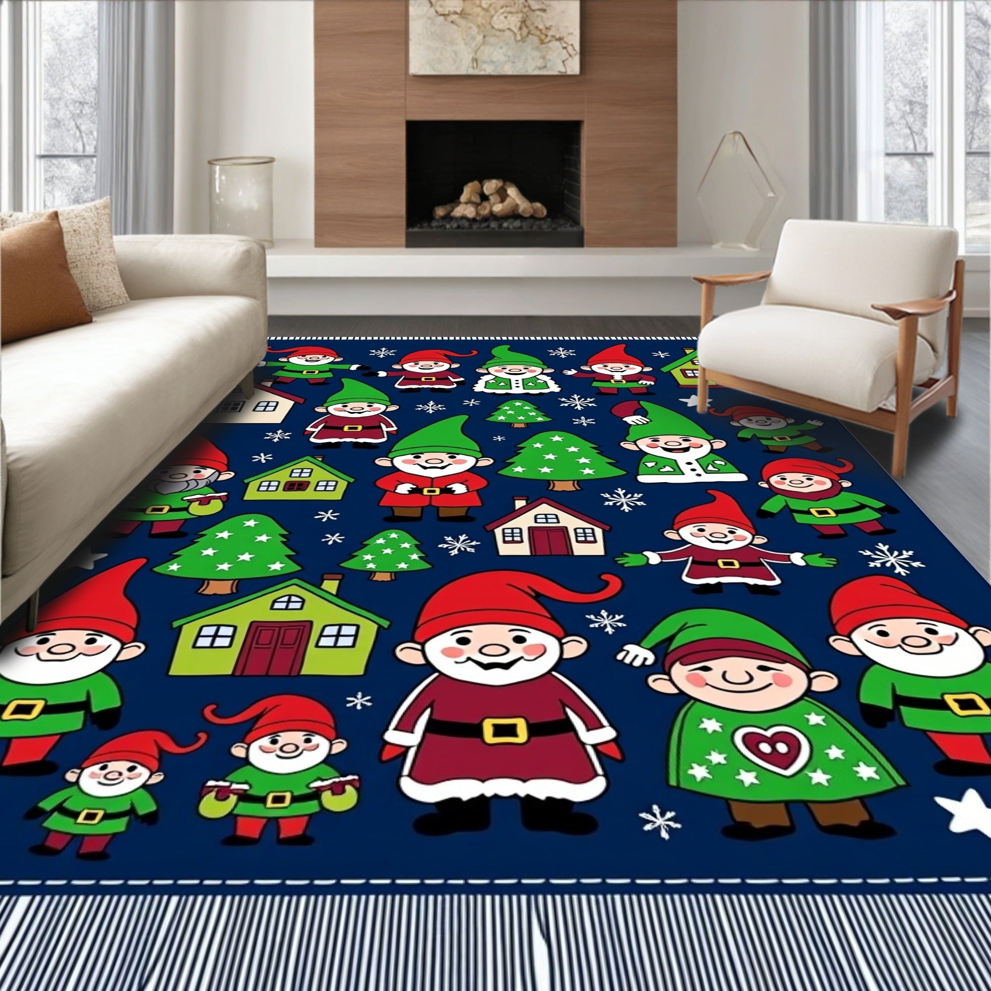Festive Red Green Gnome Christmas Houses Rug