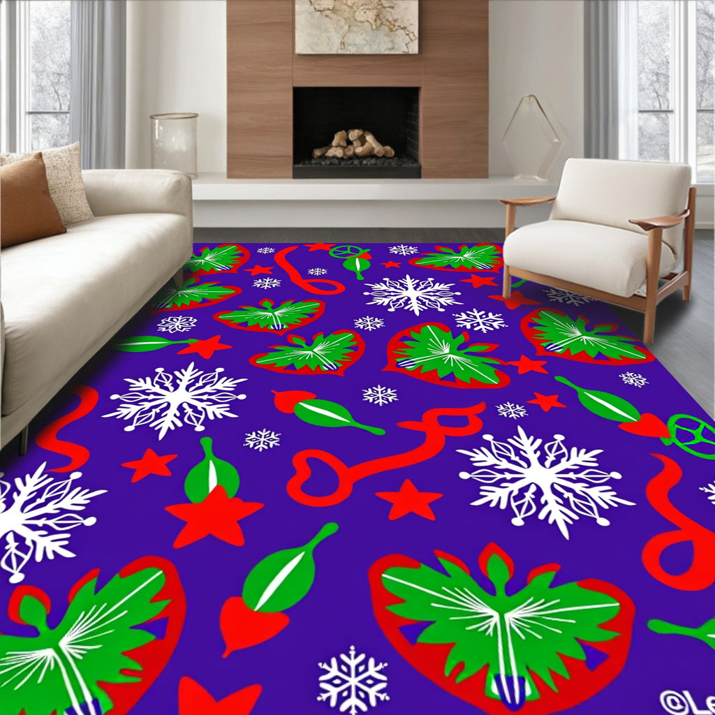 Festive Green Hearts Red Stars Snowflakes Rug