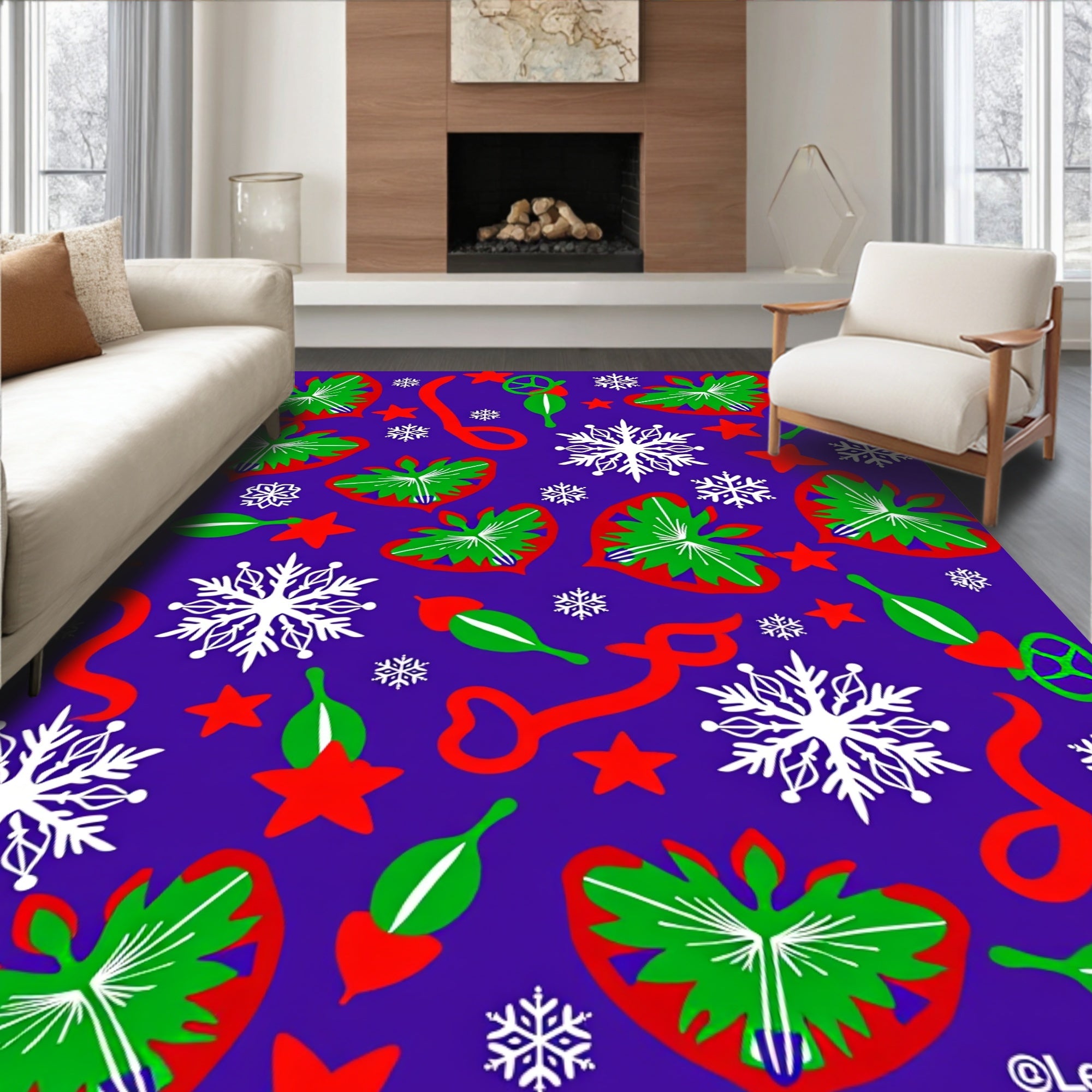 Festive Green Hearts Red Stars Snowflakes Rug