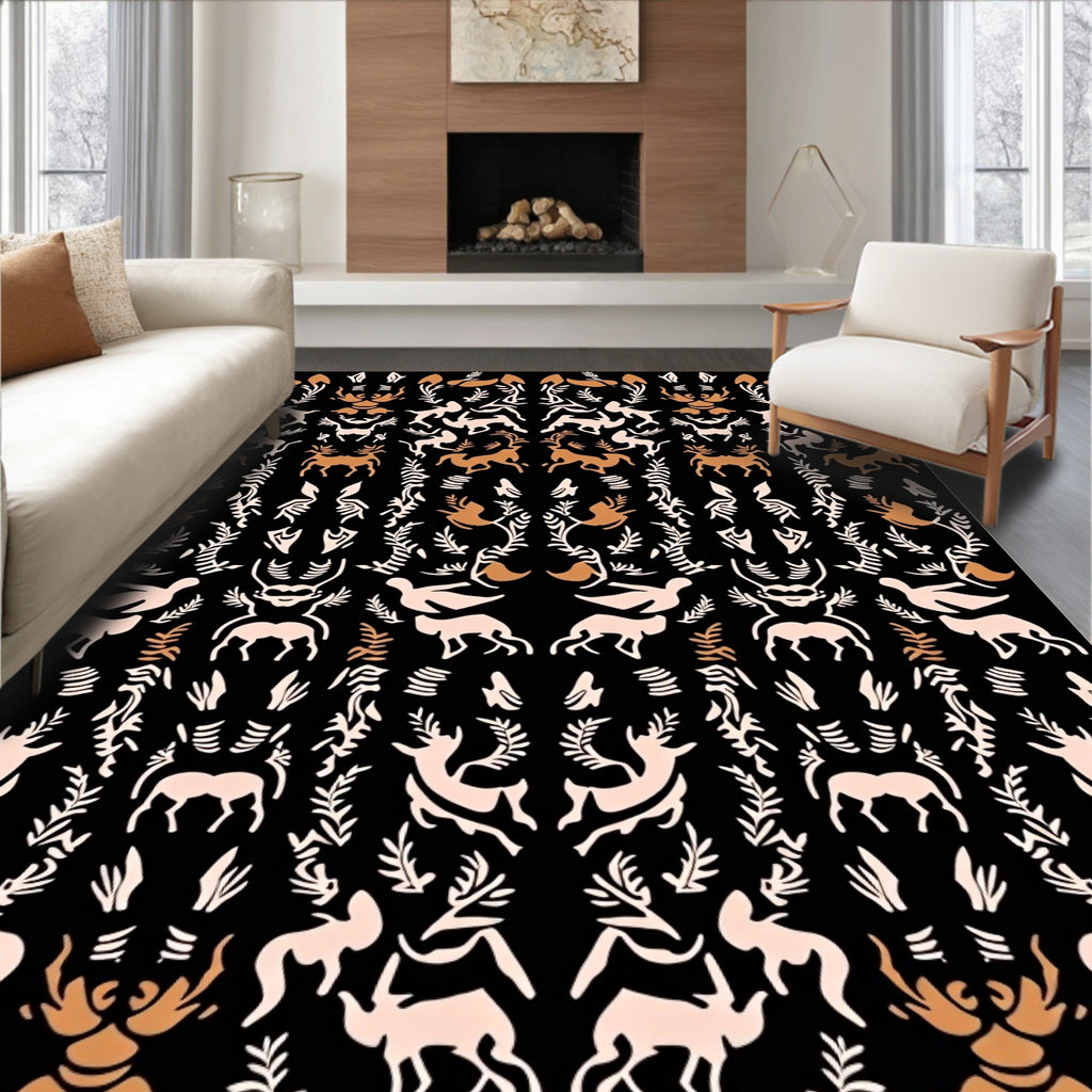 Rustic Deer and Foliage Black Rug