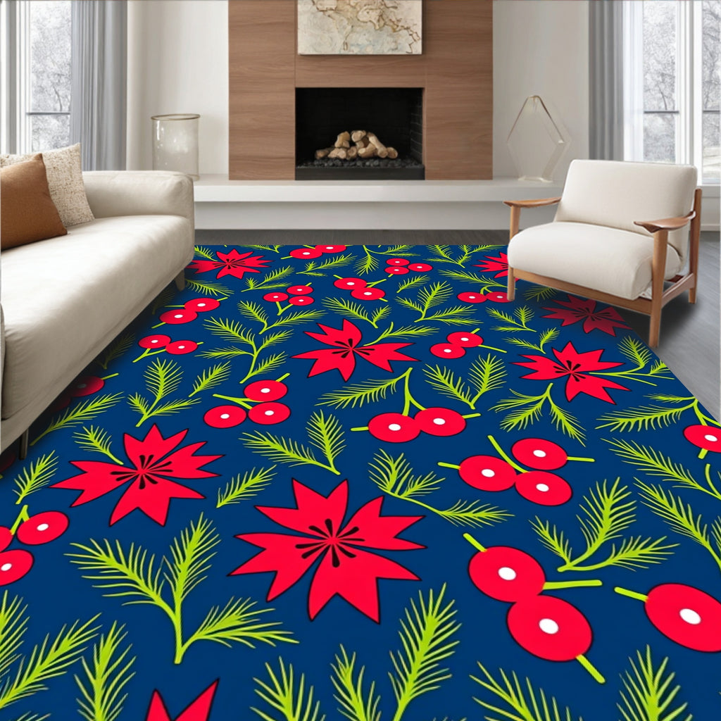 Red Holly Berry Evergreen Branches Rug