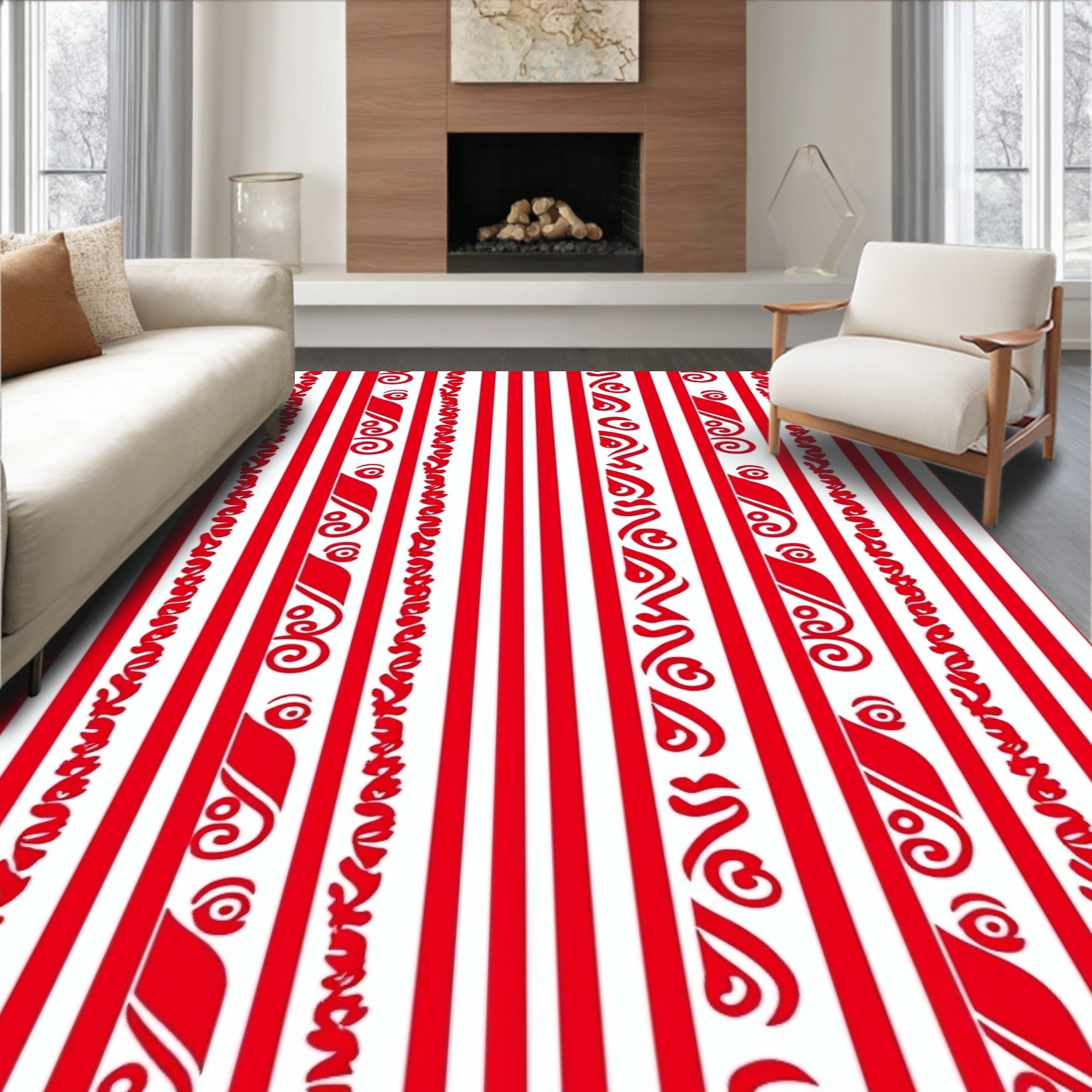 Red White Vertical Stripe Swirl Rug