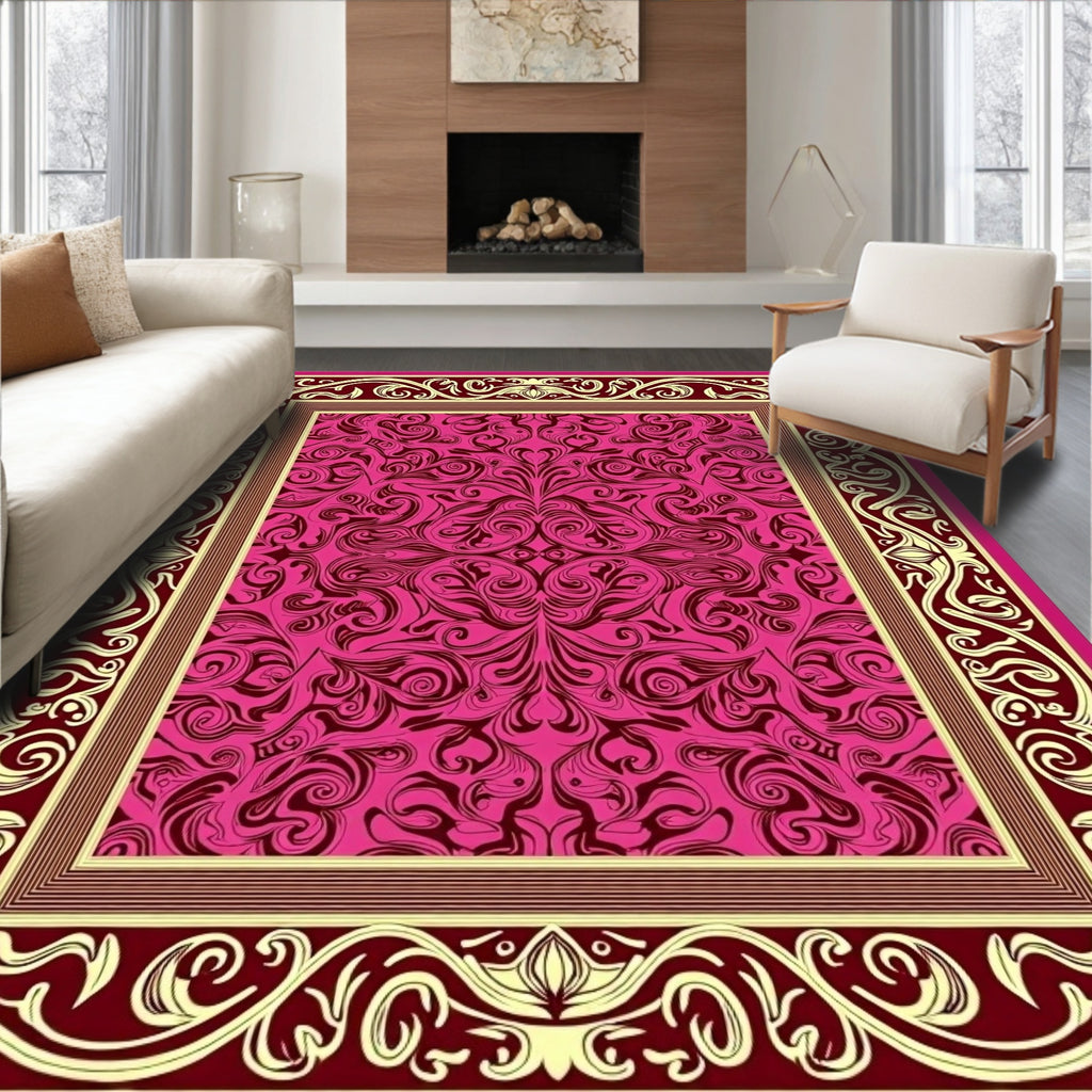 Crimson Pink Floral Damask Frame Rug