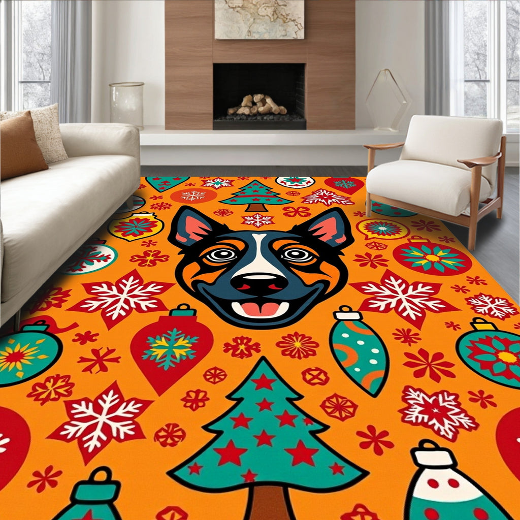 Retro Dog Christmas Ornament Trees Rug