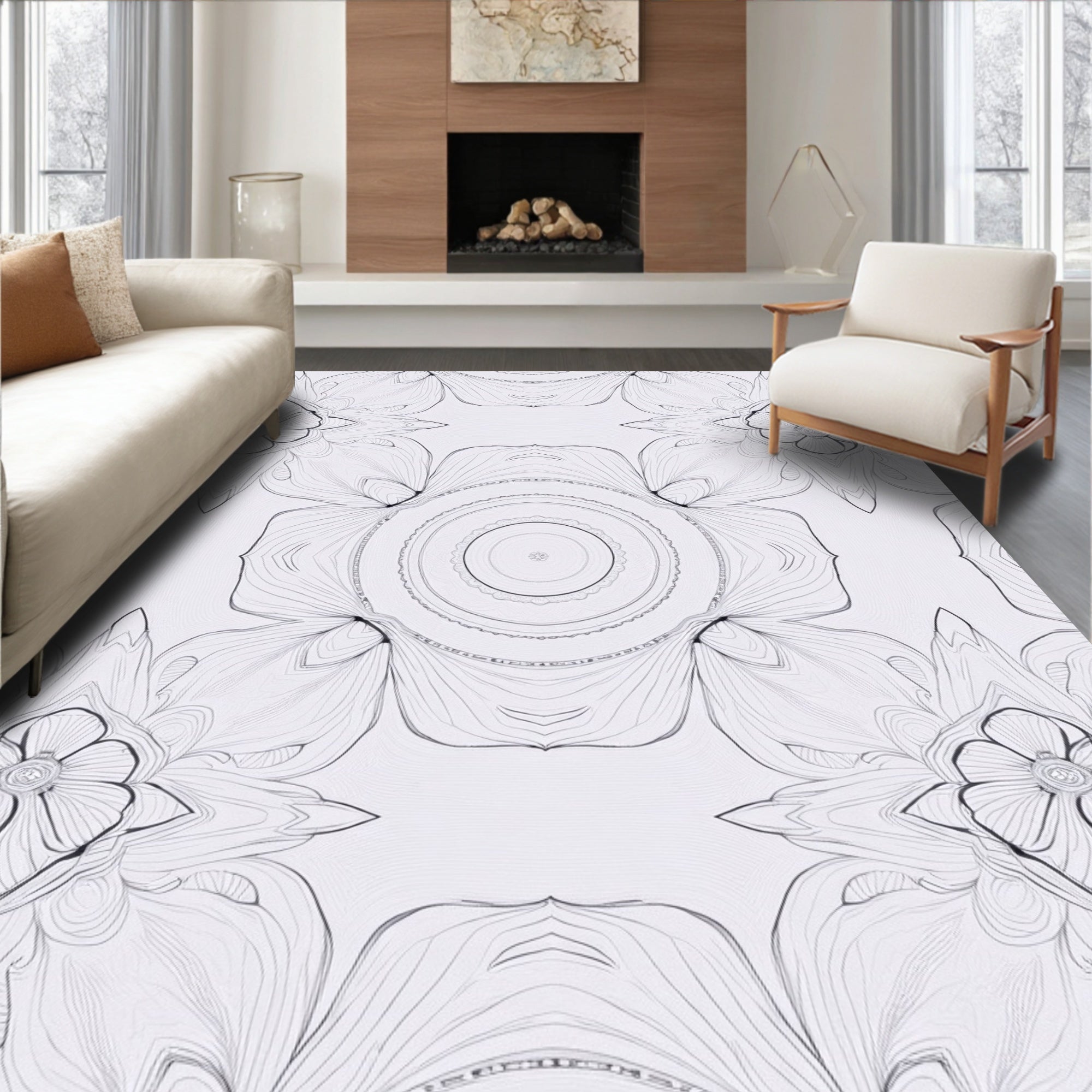 Intricate White Floral Mandala Symmetry Rug