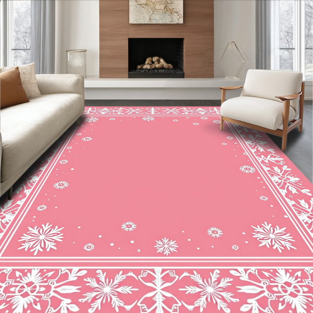 Pink Snowflake Geometric Medallion Border Rug