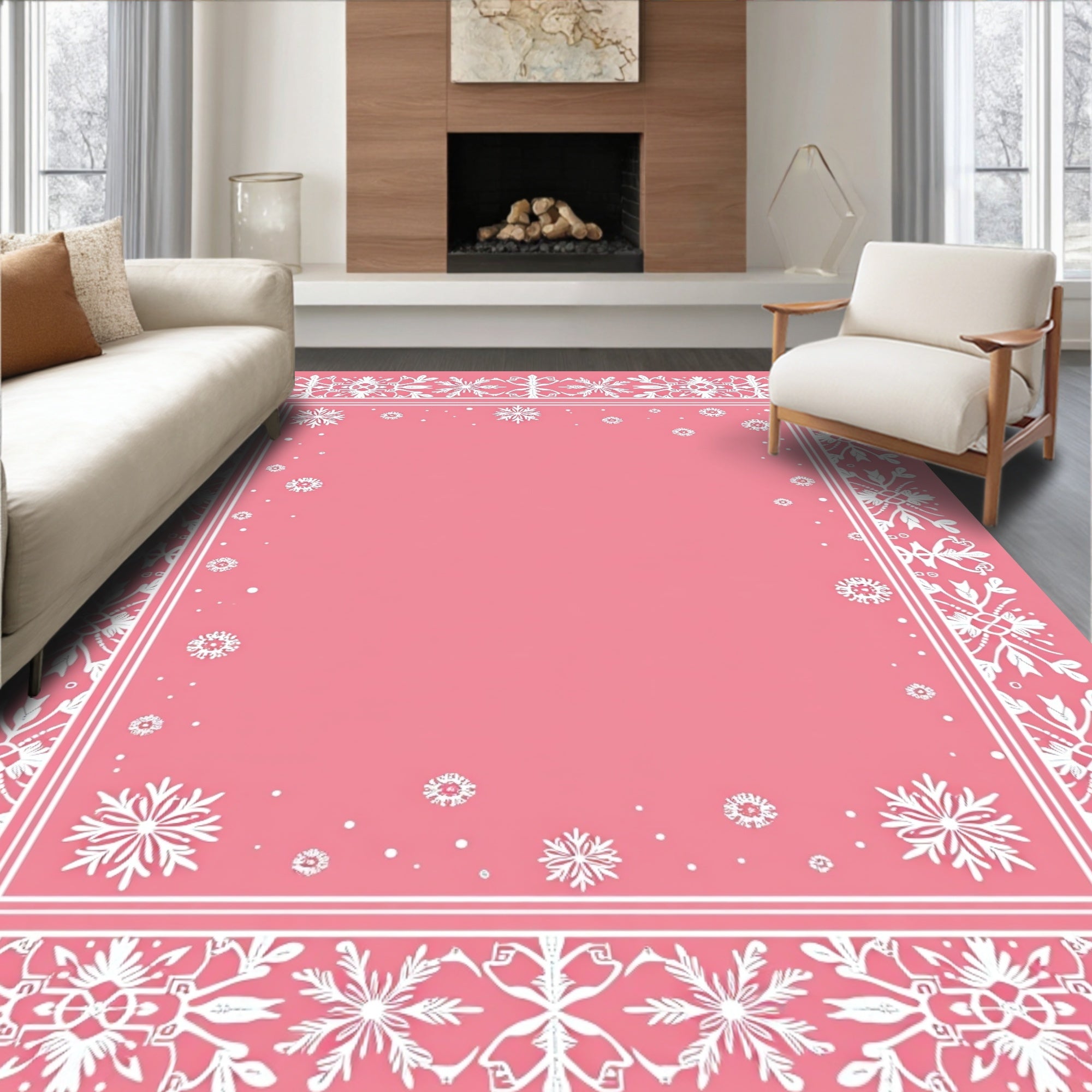 Pink Snowflake Geometric Medallion Border Rug