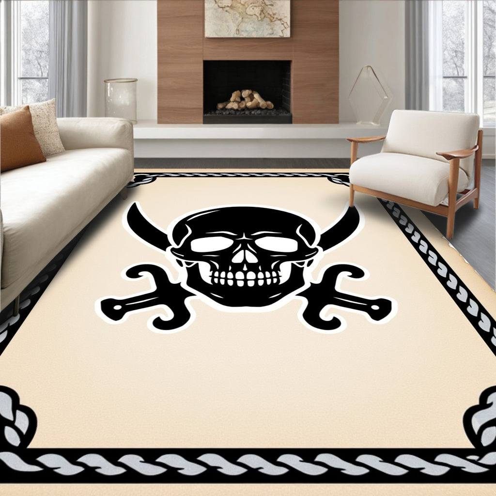 Black Skull Crossed Swords Ivory Rug