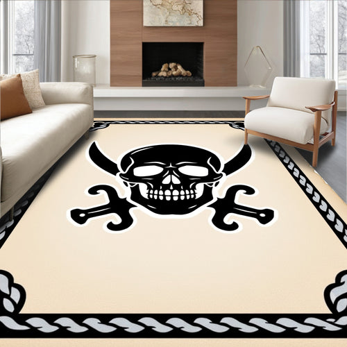 Black Skull Crossed Swords Ivory Rug
