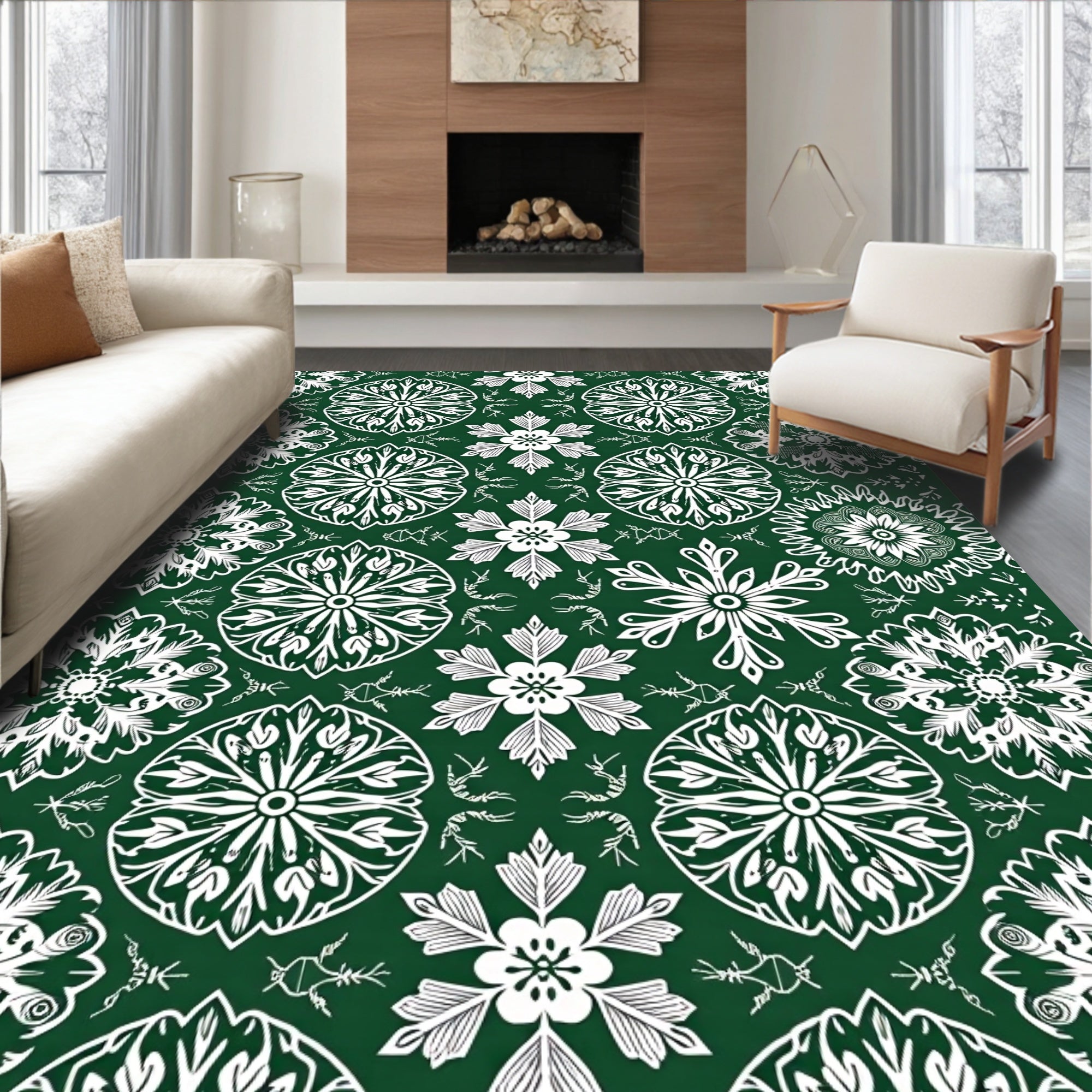 Emerald Green White Floral Medallion Swirl Rug