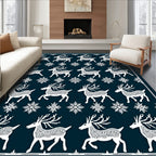 White Reindeer Snowflake Navy Background Rug