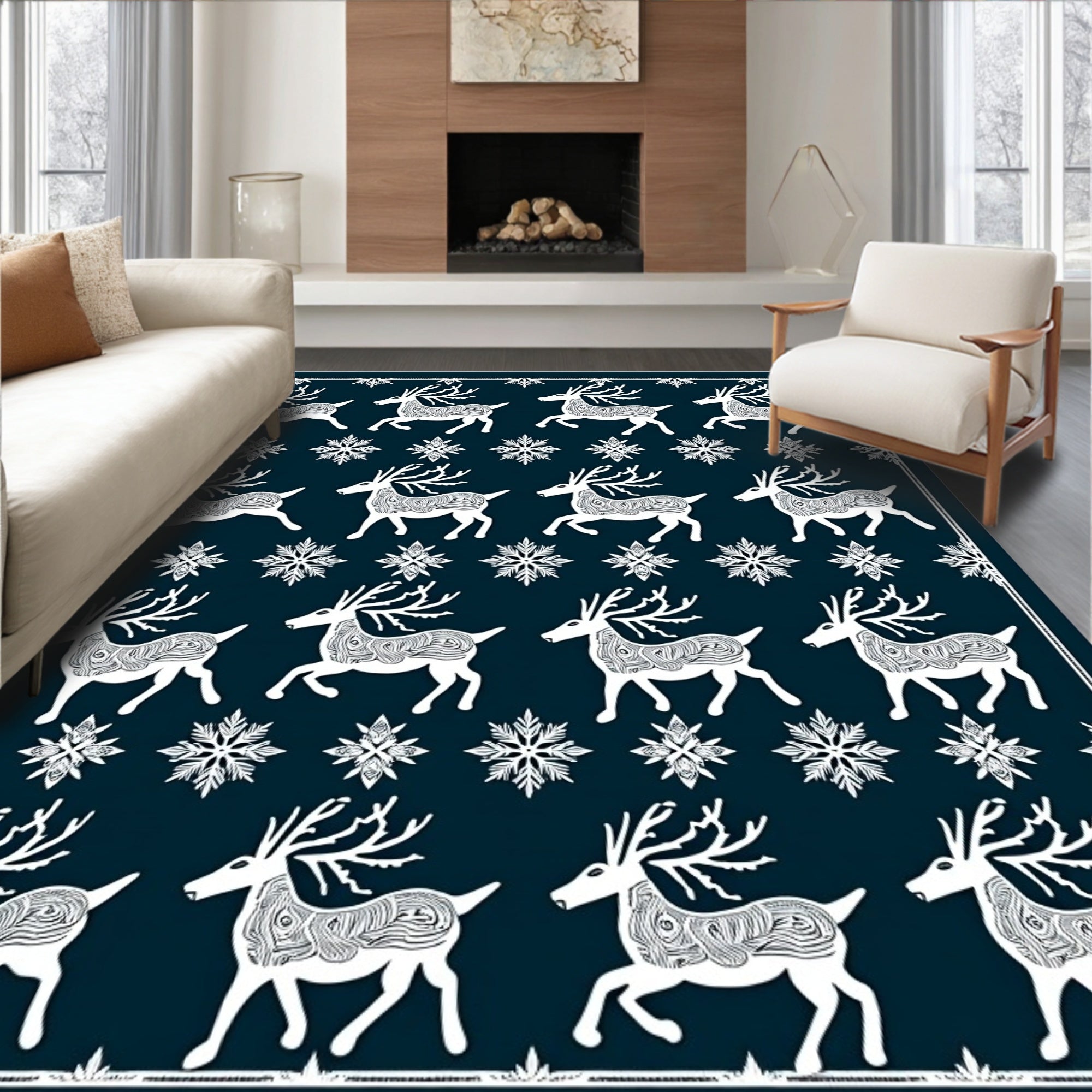White Reindeer Snowflake Navy Background Rug