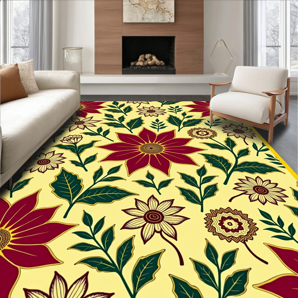Burgundy Floral Garden Yellow Background Rug