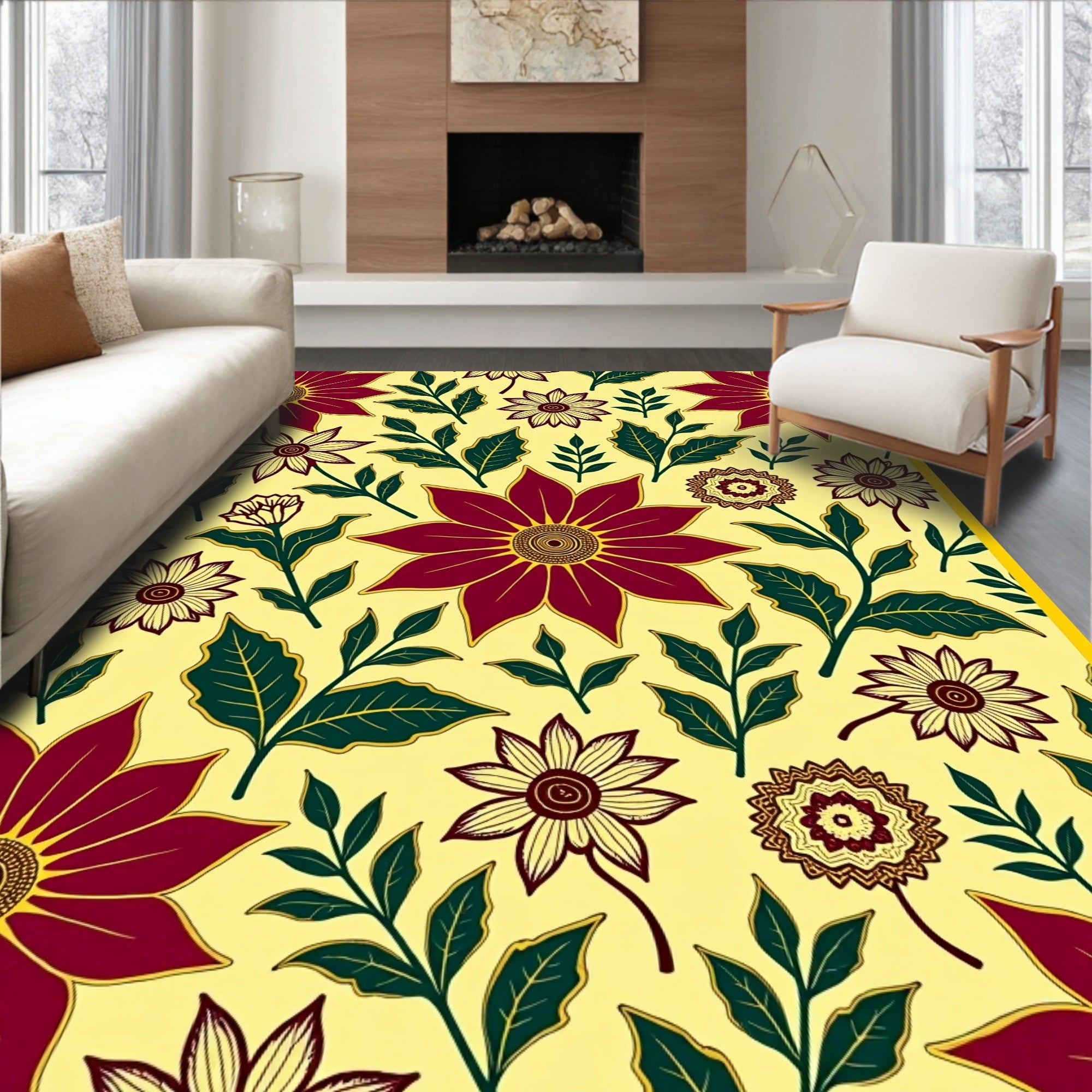 Burgundy Floral Garden Yellow Background Rug