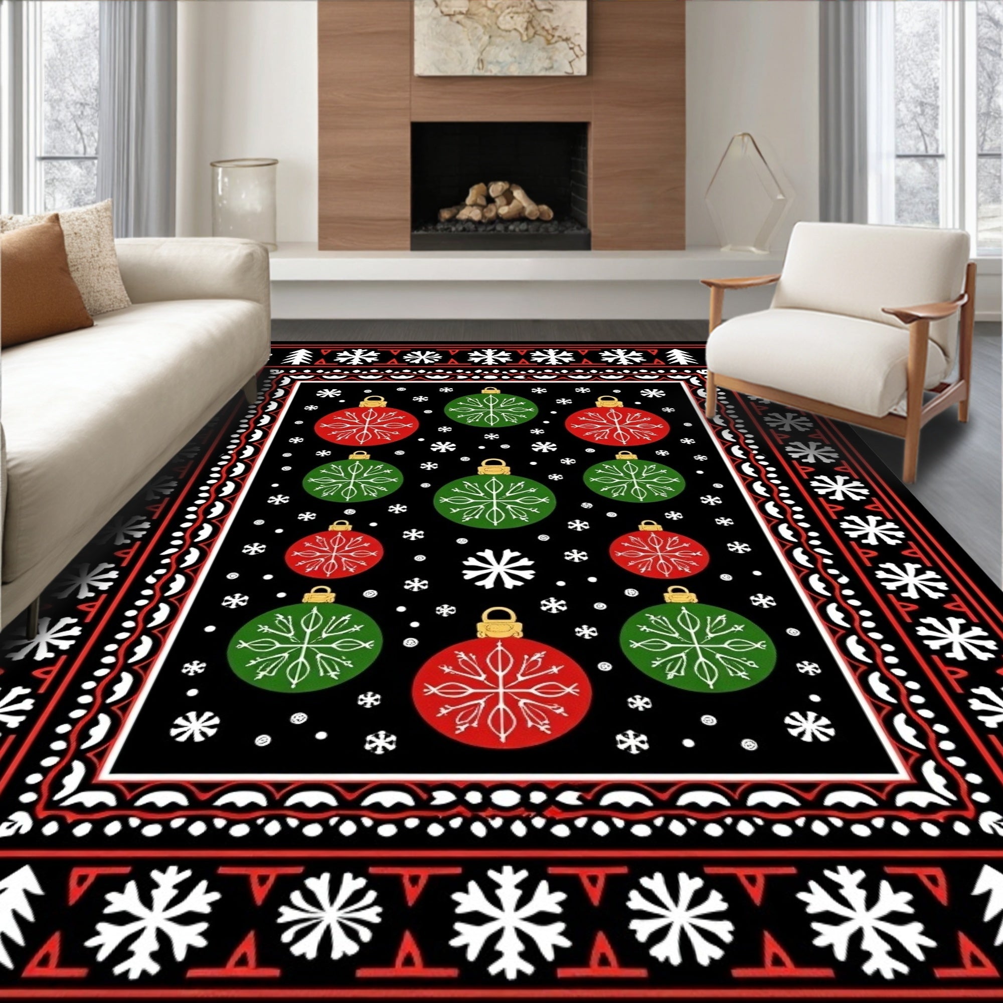 Festive Red Green Ornaments Snowflake Border Rug