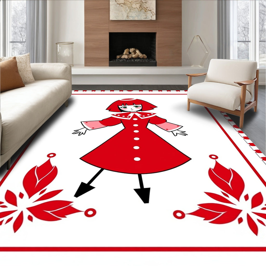 Whimsical Red Character Floral Border Rug