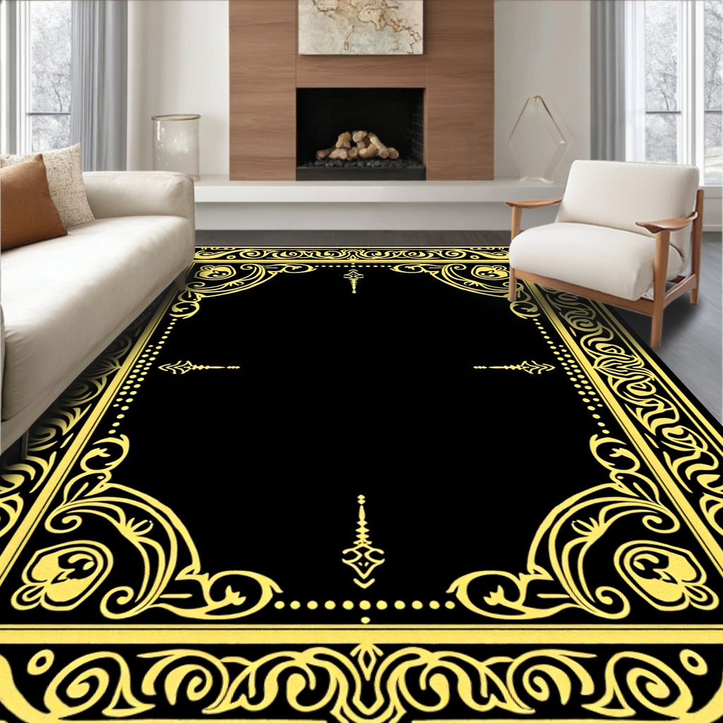 Ornate Yellow Black Baroque Frame Rug