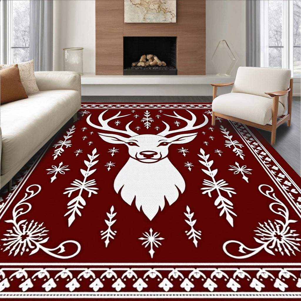 Classic White Antlered Deer Crimson Border Rug