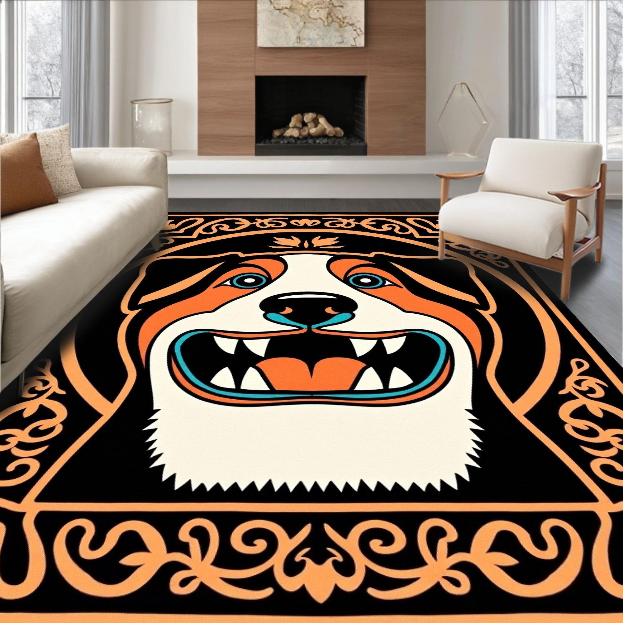 Bright Orange Dog Face Bordered Rug