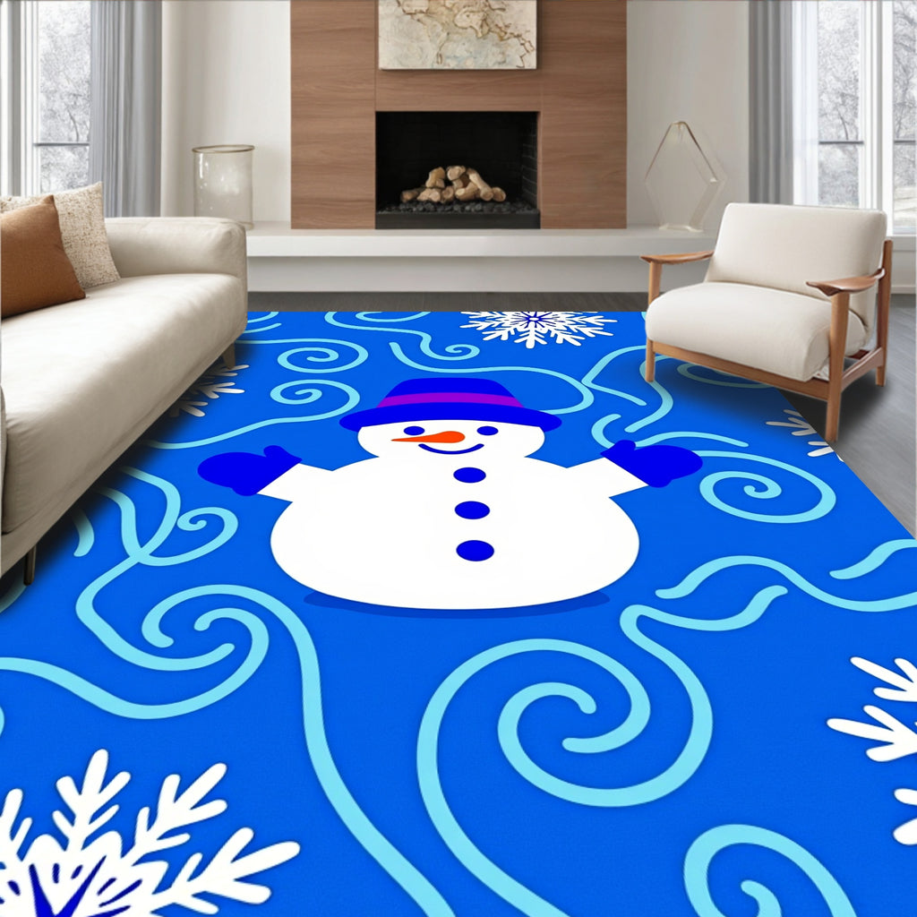 Blue Snowman With Swirls And Snowflakes Rug