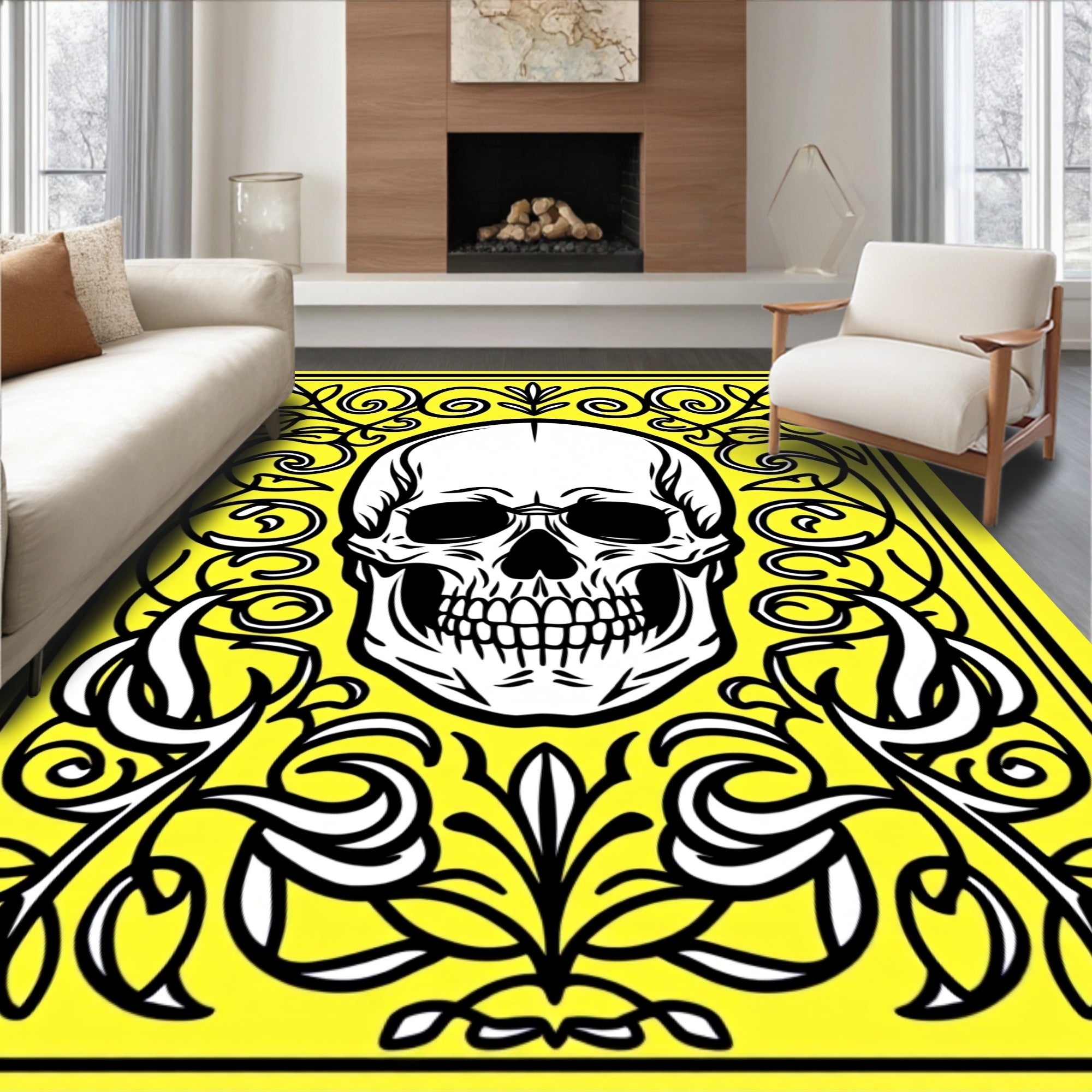 Yellow Skull With Black Floral Frame Rug