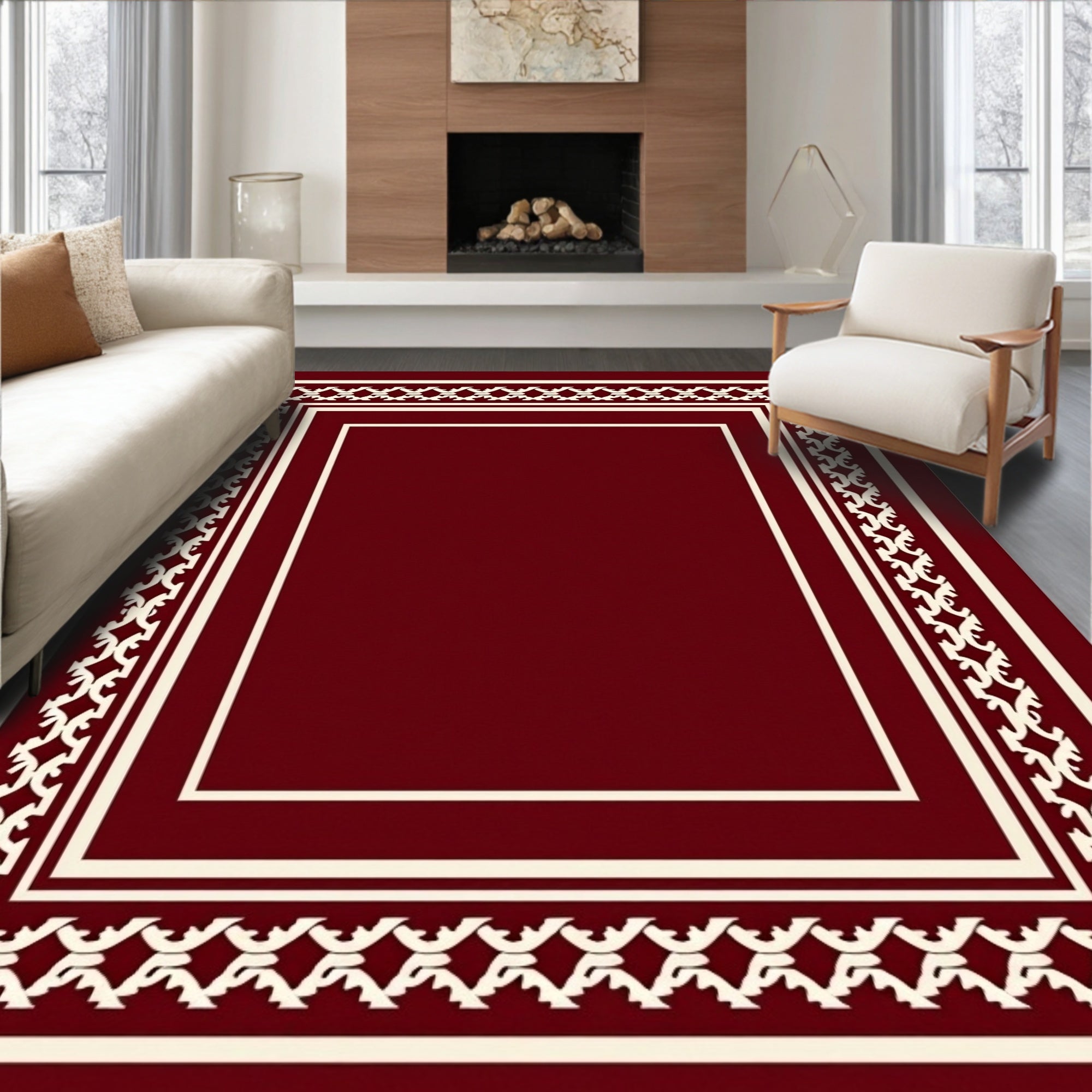 Deep Red Ivory Bordered Geometric Rug