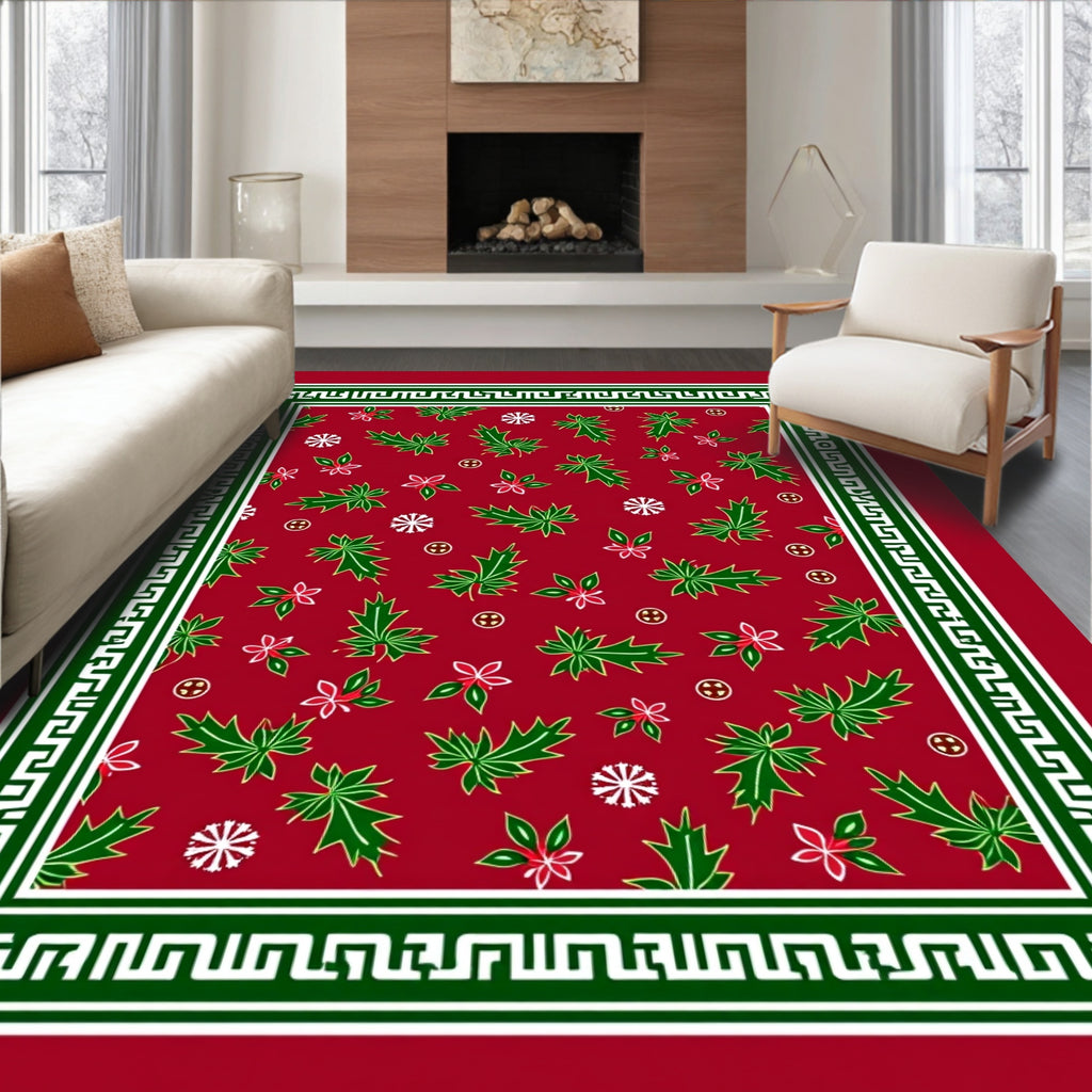 Red Green Leaf Snowflake Border Rug