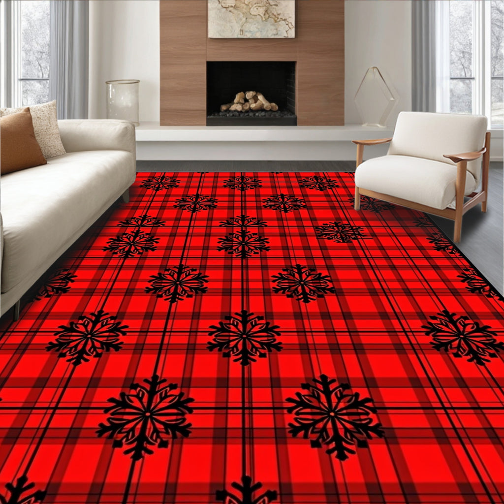 Red Black Plaid Snowflake Scatter Rug
