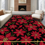 Red Floral Birds Black Golden Frame Rug