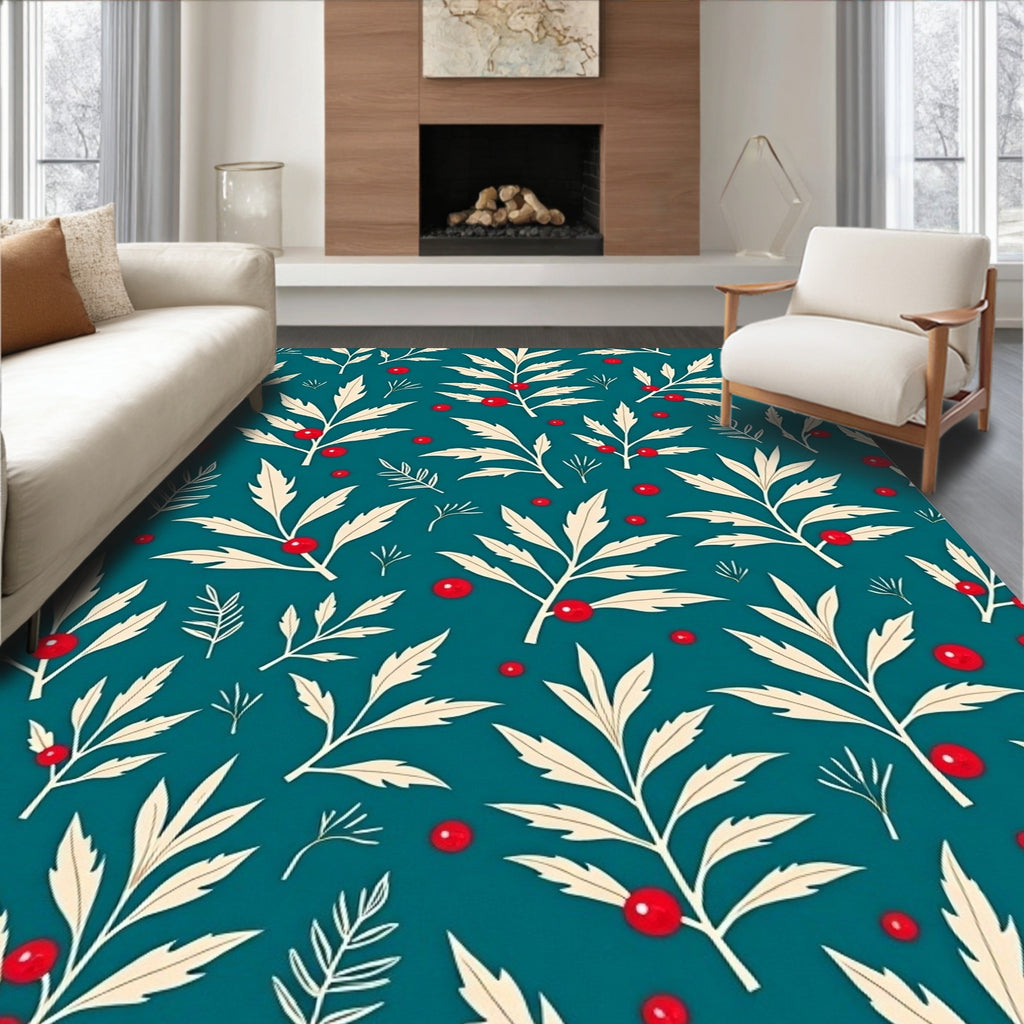Teal Berry Leaf Branch Scatter Rug